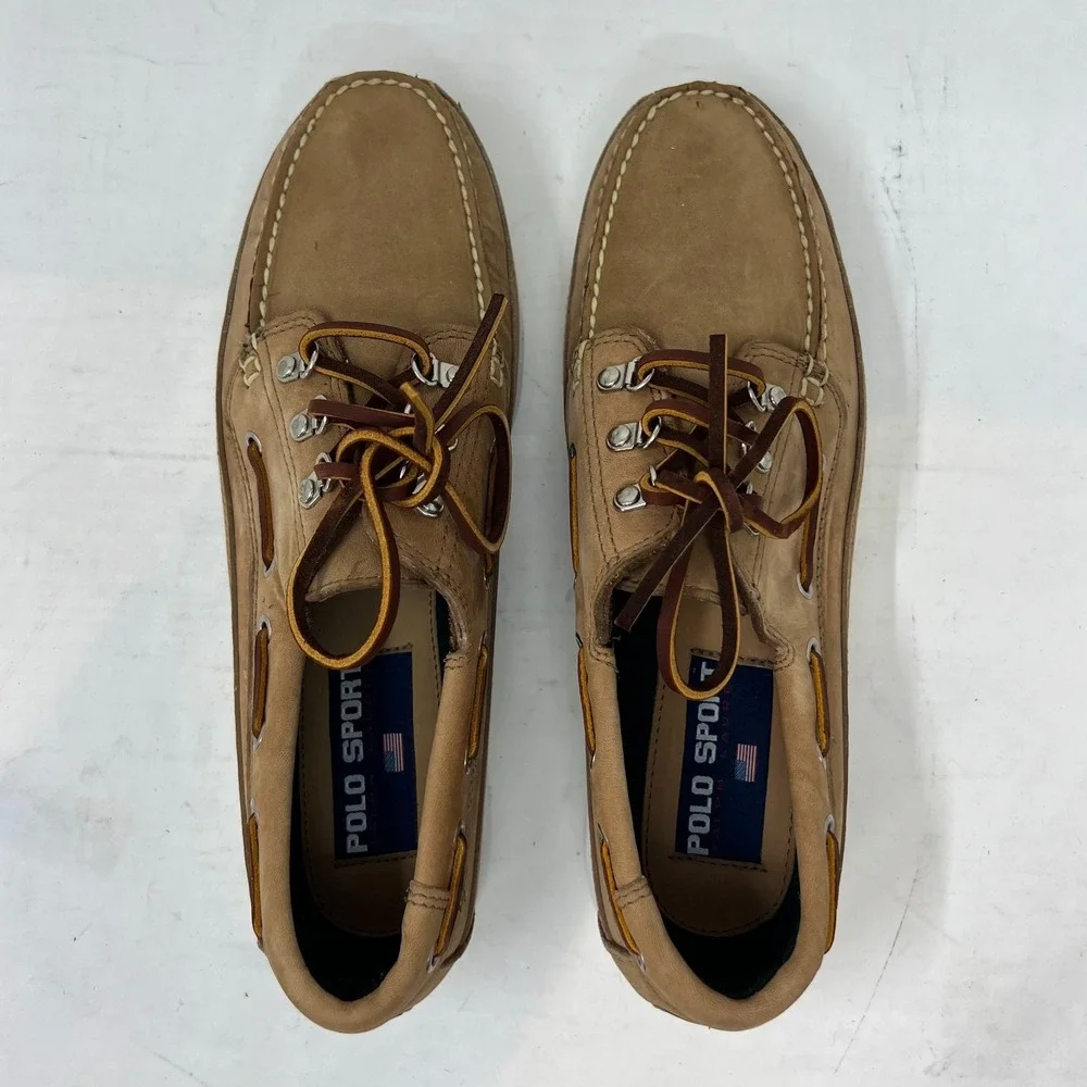 Polo Sport Ralph Lauren Boat Shoes Tan Leather Moc Toe Beige‎ Men's 10D VTG NEW